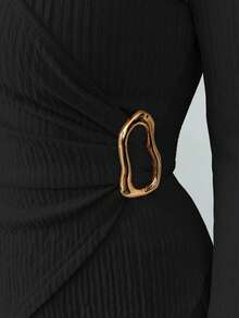 Selianne 秋冬新款纯色优雅通勤V领长袖T恤，金属扣装饰+阔腿弹力腰裤，女士休闲百搭两件套 - 黑色 - 查看 4