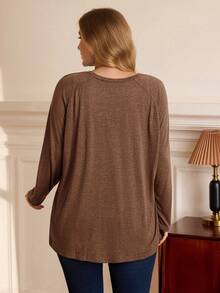 Rosumi Plus Size Round Neck Long Sleeve Casual Loose Soft Appealing Winter T-Shirt,Fall Clothes - Brown - View 2