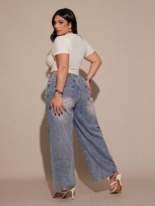 Slaydiva Quần jean ống rộng thời trang dáng rộng túi đính ngọc trai giả cỡ lớn cho nữ - Màu xanh lam - Xem 5