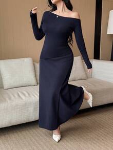 DAZY Women's Solid Color Fitted Asymmetrical Shoulder Long Sleeve Sweater & A-Line Long Skirt Elegant Party Outfit, 2 Piece Set, Autumn/Winter - Navy Blue - View 3