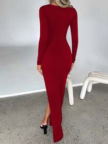 INAWLY Sexy anliegendes Kleid mit Raffungen, Metallknöpfen, hohem Schlitz und Spaghettiträgern, elegantes Langarm-Damenkleid - Bordeaux - Übersicht 2