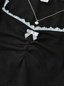 Áo thun dài tay dáng ôm, phối ren, cổ tròn, màu đen cho bé gái tuổi teen - màu đen - Xem 5