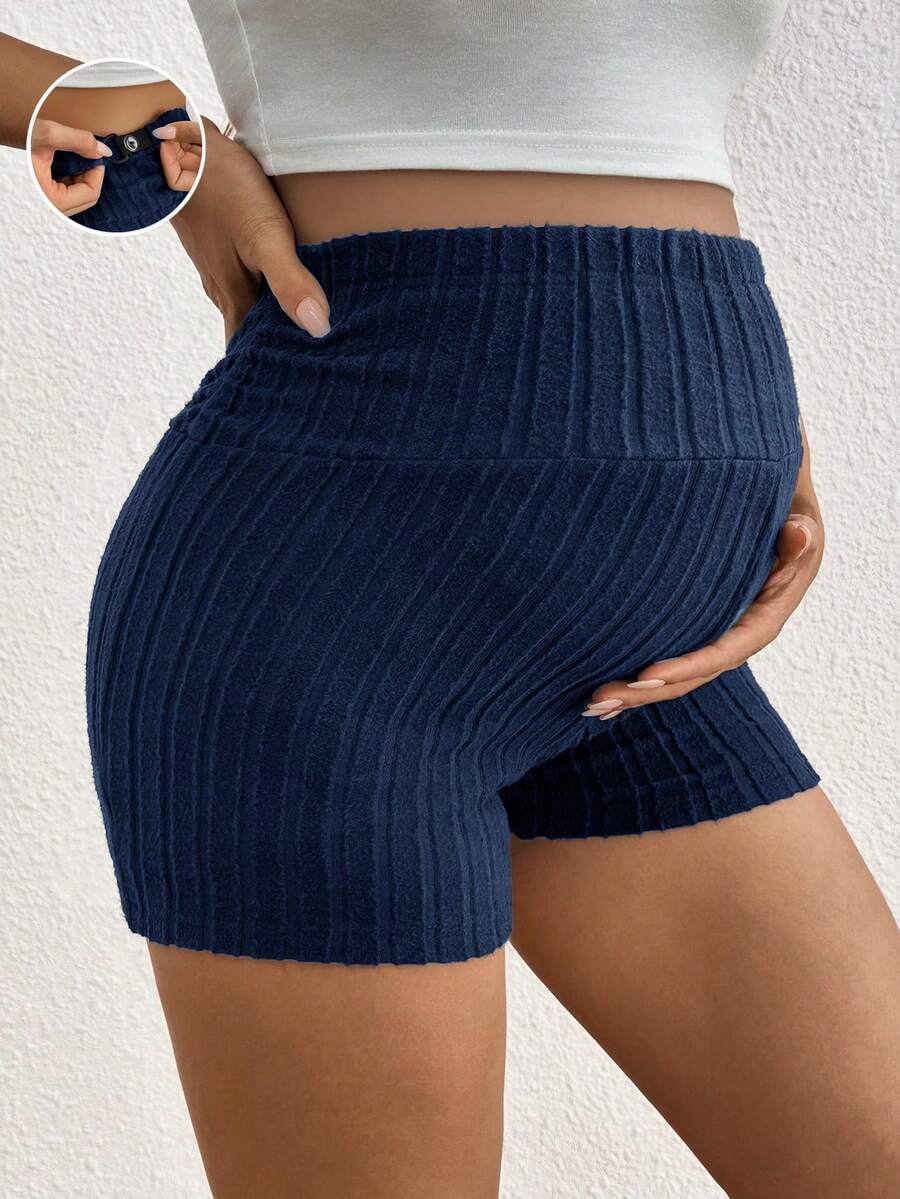SHEIN Quần short gân cạp chun màu trơn cho bà bầu - Màu xanh hải quân - Xem 1