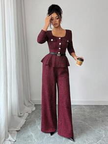 SHEIN Elenzya 秋冬新款加厚斜纹软呢银线两件套，法式浪漫优雅女士设计，分领腰部荷叶边下摆长袖开衫+高腰直筒裤，适合独立日穿着 - 酒紅色 - 查看 3