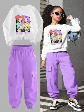 2pcs/Set KPOP Graphic Print Sweatshirt Top & Jogger Pants Set For Young Girls, Suitable For Autumn/Winter