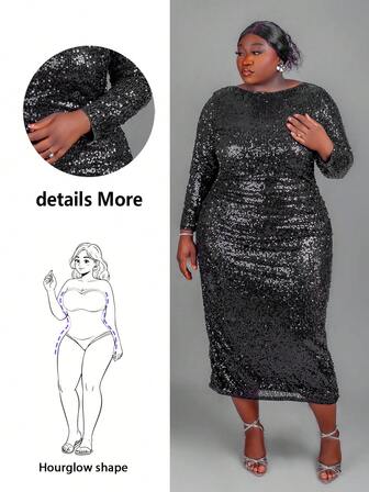CurvyTilda Sukienka damska w dużym rozmiarze, modna, imprezowa, z cekinami, z odkrytymi plecami i długim rękawem/Jesień/Zima