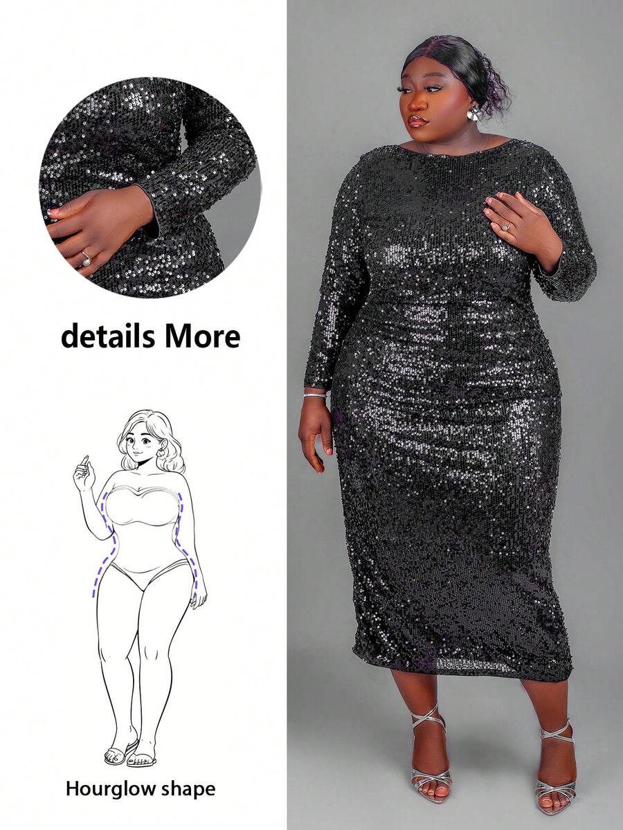 CurvyTilda 大码女式时尚派对亮片露背长袖连衣裙/秋冬 - 黑色 - 查看 1