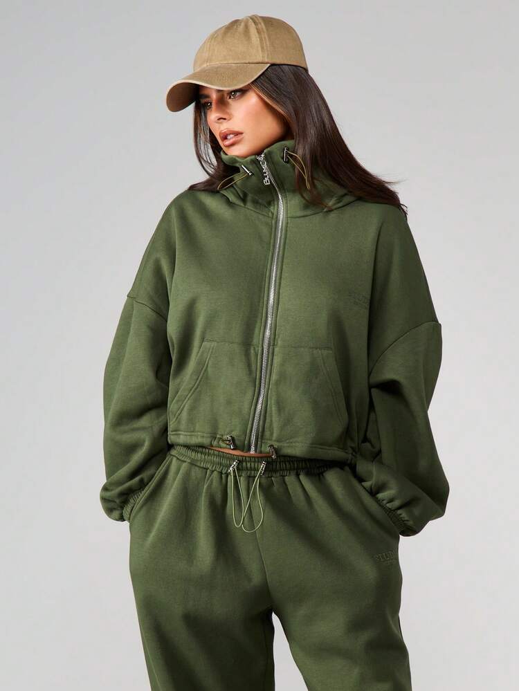 MISSGUIDED Olive Oversized Hooded Zip Up Cropped Sweatshirt With Front Centre Pocket And Drawstring Waist For Women Fall Winter Casual Wear