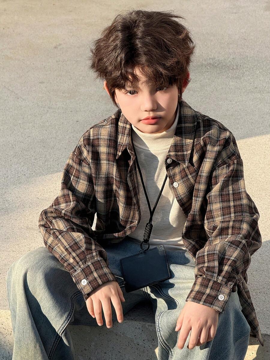 Dazy Kids 大码男童宽松休闲格子衬衫，秋季款 - 棕色 - 查看 1