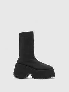 Aloruh 女士厚底坡跟仿珍珠装饰踝靴，独立外贸踝靴，2025秋冬新款坡跟圆头低帮加大码女士踝靴，派对 - 黑色 - 查看 2