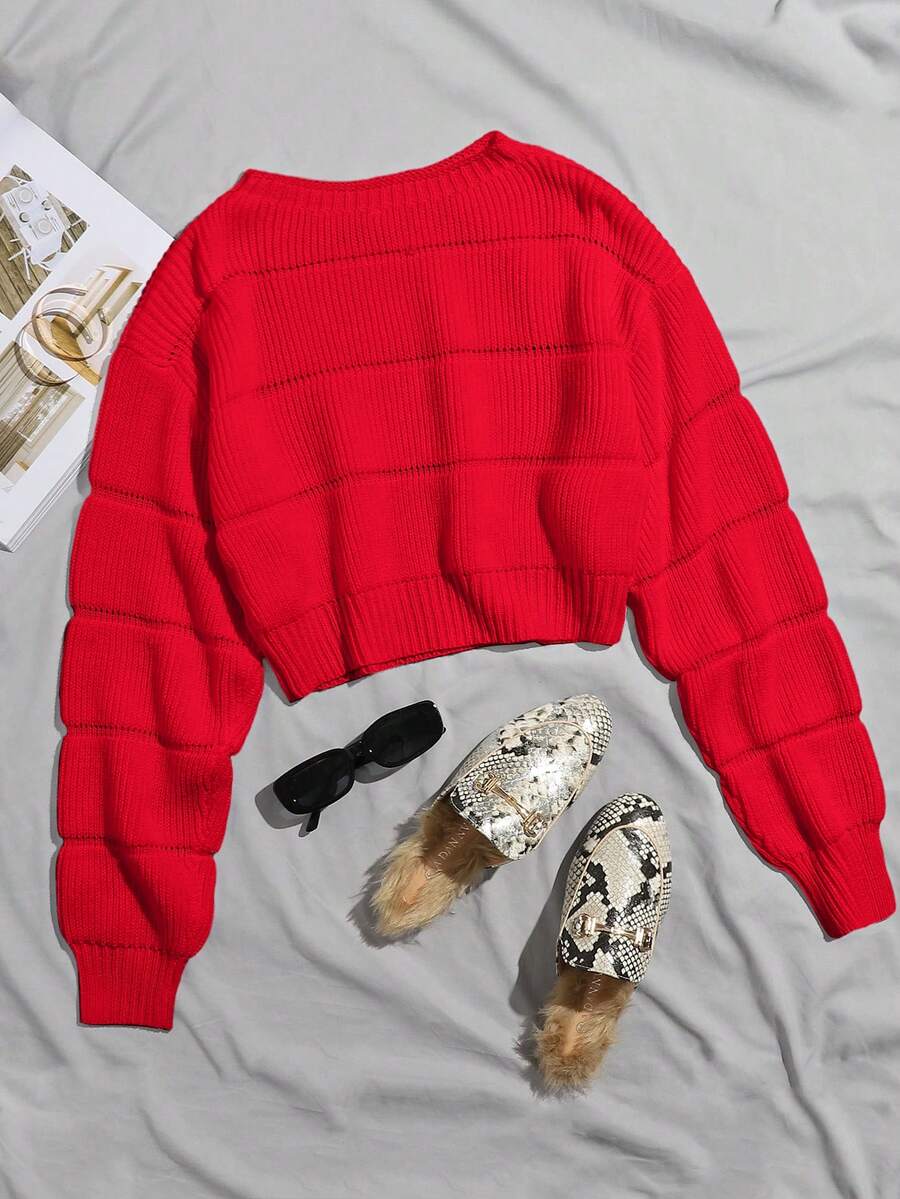 Franclia Jersey de cuello redondo de unicolor informal, otoño/invierno - Rojo - Ver 1