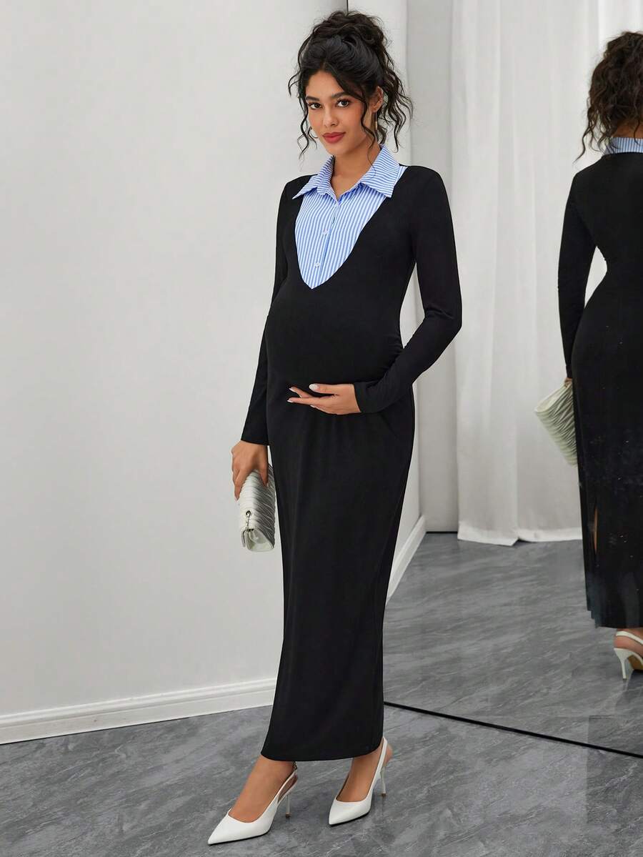 SHEIN Abito da donna in stile maternità, a maniche lunghe, con colletto, a righe, aderente e di stile - nero - Visualizzare 1