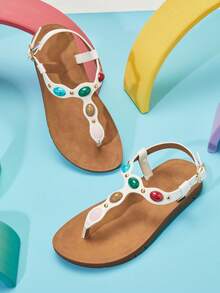 Mini mi #BohoKids صنادل بيضاء مزينة بأحجار متعددة للبنات من جلد نباتي، خفيفة الوزن وأنيقة مثالية للمرح الصيفي - أبيض - مشاهدة 5