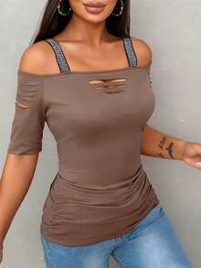 EMERY ROSE Áo ôm sát tay ngắn đính đá lấp lánh, hở vai gợi cảm, áo thun nữ thời trang, màu đen, mùa thu - Màu Khaki - Xem 5