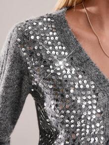 Avantive Áo len dài tay cổ chữ V thiết kế sequin, cài nút phía trước, thời trang đa năng cho nữ, mùa thu/đông - Xám - Xem 8