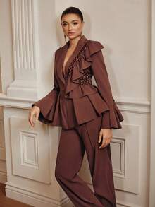 Anewsta 2件套女士串珠网纱拼接长袖荷叶边纯色上衣，秋冬新品 - 白色 - 查看 5