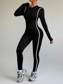 Dewbera Women's Zipper Ribbed Long Sleeve Jumpsuit Activewear Jumpsuit Gym Jumpsuit Compression Jumpsuit Sports Jumpsuit