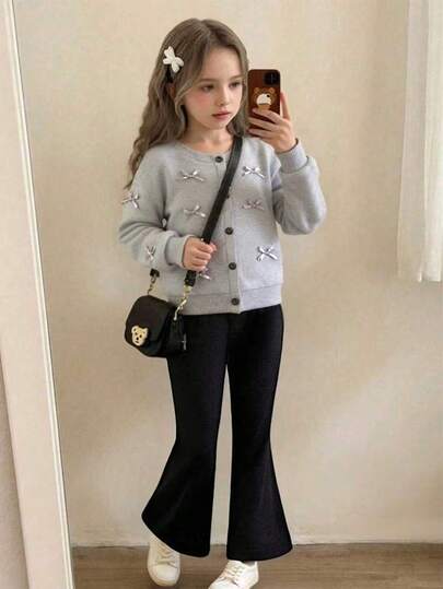 SHEIN Playful Pals 2pcs/Set Young Girls Fashion Gray Soft Ribbed Crew Neck Bowknot Long Sleeve Cardigan Top And Black Flared Pants Casual Outfit, Suitable For Daily Wear, Spring/Autumn