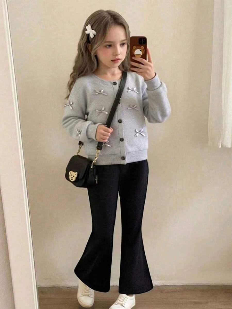 SHEIN Playful Pals 2pcs/Set Young Girls Fashion Gray Soft Ribbed Crew Neck Bowknot Long Sleeve Cardigan Top And Black Flared Pants Casual Outfit, Suitable For Daily Wear, Spring/Autumn - Grey - View 1