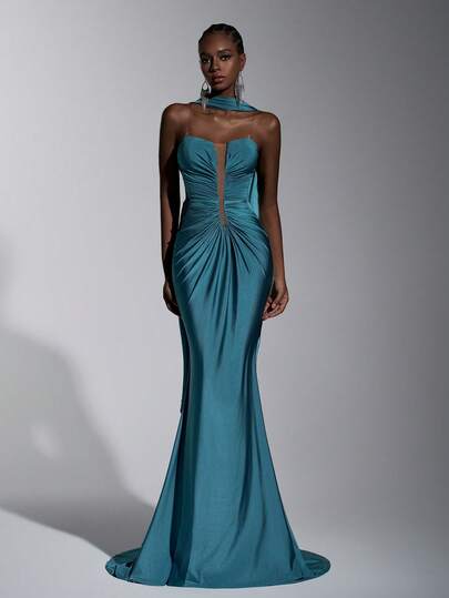 Elitara Elegant Design Knit Open Shoulder Sexy Bandeau Mermaid Hem Zipper Flare Dress, Suitable For Beach, Outdoor, Cocktail Party, Afternoon Tea, Wedding, Banquet, Business Events And Other Occasions