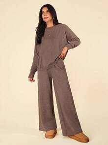 Coeurva Women's Casual Solid Color Oblique Shoulder Loose Knit Sweater And Pants Set, Autumn/Winter Brown Knit Set Two Piece Set Women Comfy Brown 2 Piece Set Brown Sweater And Pants Set Two Piece Lounge Set Comfortable Two Piece Set Brown Outfit Brown Matching Set,Fall,Fall Clothes For Women - Coffee Brown - View 7
