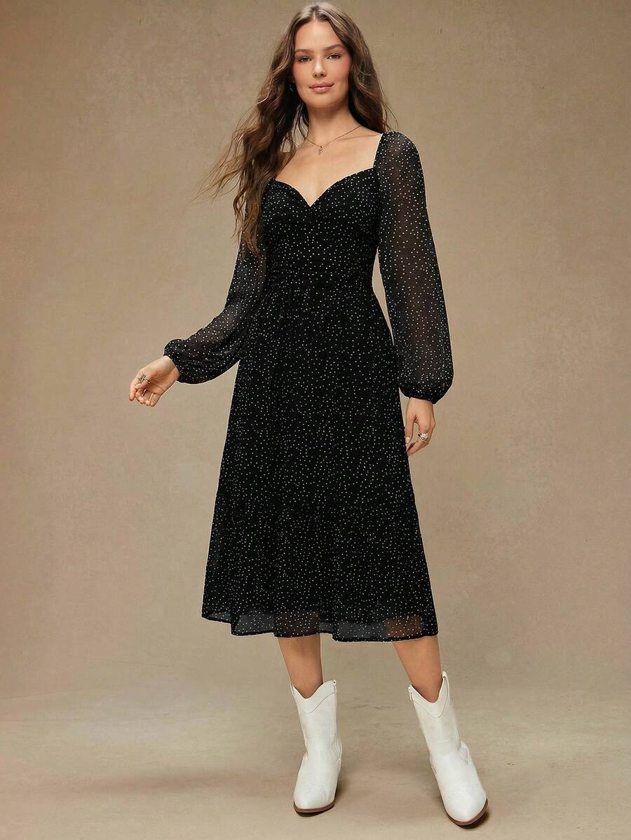 WESTFADE Váy midi xếp tầng dài tay bồng, cổ tim, chất liệu voan in hoa, thắt nút phía trước - màu đen - Xem 1