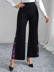 SHEIN Clasi Women's Elegant Mesh & Glitter Splice Black Slim Straight Wide Leg Pants, Suitable For Commuting, Casual Everyday Wear, Spring/Summer Sequin Pants Women Wide Leg Pants Palazzo Pants Women Flow Pants Rhinestone Pants - Purple - View 5