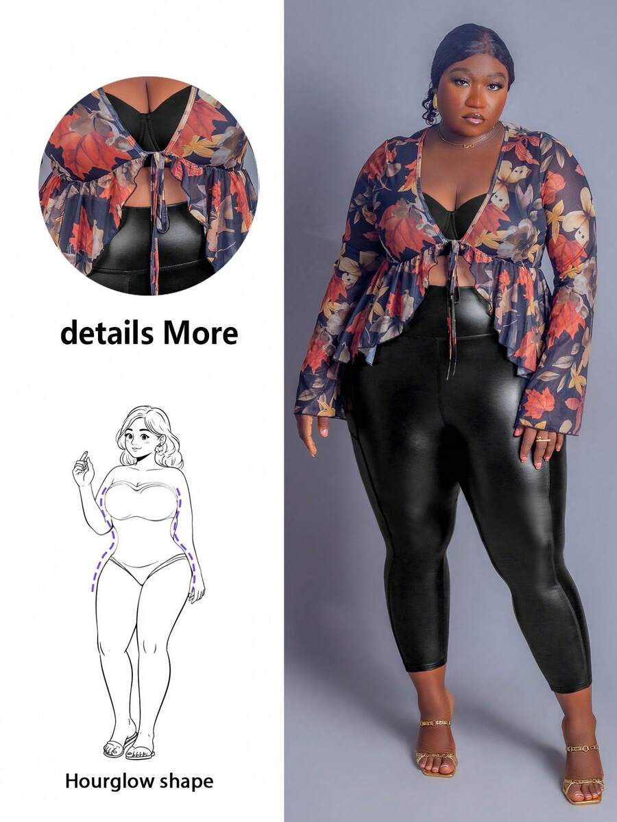 CurvyTilda 大码枫叶印花前系带喇叭袖透明网眼衬衫 - 彩色 - 查看 1