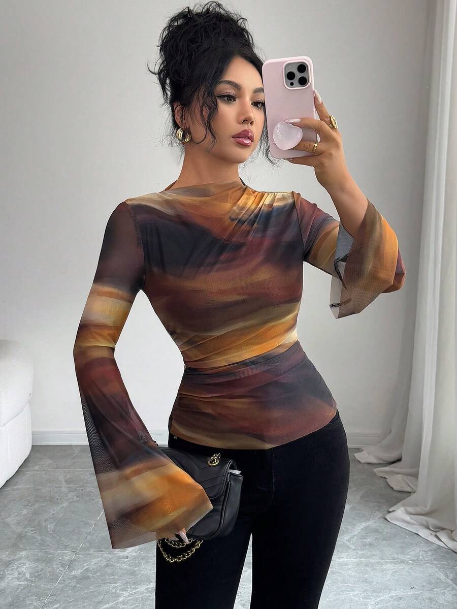 Chiquease Áo thun dài tay lưới nhuộm tie-dye phong cách vintage Mỹ dành cho nữ, thích hợp mặc mùa thu/đông. - Nhiều màu - Xem 1