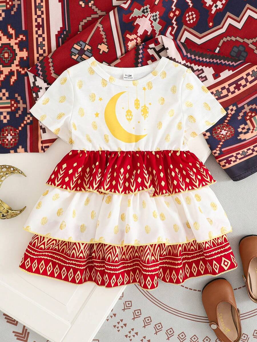 SHEIN Baby Girls' Summer Collared Ruffle Patchwork Floral & Moon Print Cake Dress