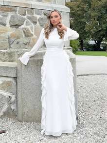 Jeta Ari 女士优雅红色长袖高领荷叶边下摆连衣裙，适合约会、庆典 - 白色 - 查看 6