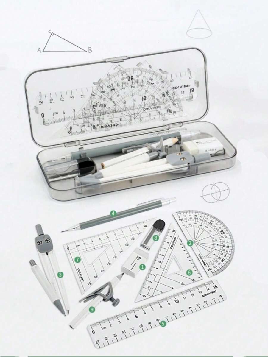 9pcs/Set Math Drawing Tool Set In Compass And Ruler Style With Eraser For Student Exam And Homework, Durable, Ease Of Use, Giftable, Versatile, Homework, Classroom Supplies, Christmas Gifts, School Supplies , Suitable For Elementary Students, Back To School - Multicolor - View 1