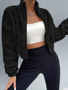 SoleilVie Drop Shoulder Zip Up Jacket Fall Winter Cloth For Women - Black - View 6