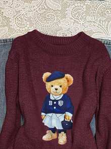 SHEIN EZwear Women's Cartoon Bear Pattern Crew Neck Long Sleeve Casual Sweater, Suitable For Autumn/Winter - Burgundy - View 5