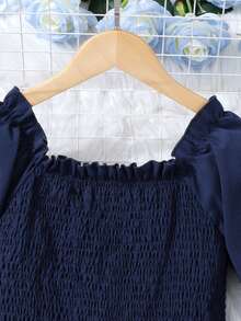 SHEIN Girls' Solid Color Square Neck Puff Sleeve Shirred Waist Ruffled Hem French Sweet Midi Dress