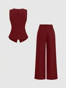 Sweetra 女士单排扣装饰纽扣背心和褶裥阔腿裤套装 - 紅木色 - 查看 2