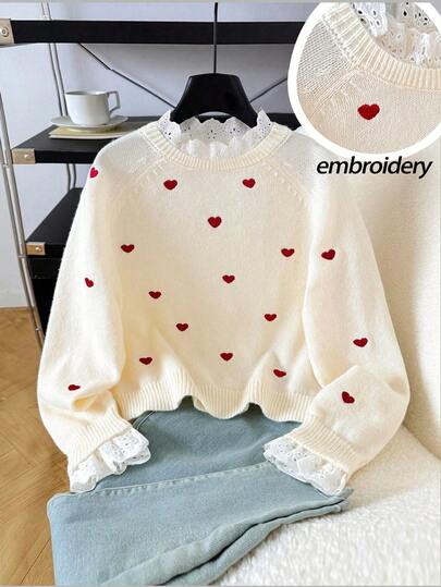 SHEIN Suéter casual con patrón de corazón y ribete de encaje para niña, otoño/invierno