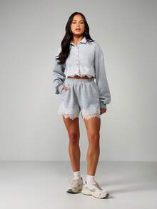 MISSGUIDED Brushed Button Down Jacket With Delicate White Lace Trim And Cropped Length For Casual Everyday Style - Grey - View 3