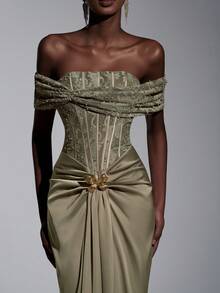 Elitara Elegant Green 3D Lace Beaded Satin Patchwork Strapless Off Shoulder Fishbone Pleated Waist Butterfly Metal Decor Front Draped Fishtail Formal Dress, Suitable For All Formal Occasions, Weddings - Olive Green - View 2