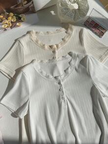 2-Piece Tween Girl White Summer Elegant School Casual Soft Korean Style Ribbed Texture Tee Featuring Delicate Lace Collar Trim,Subtle Vertical Grain - Multicolor - View 7