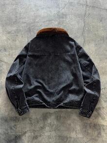 AXEPEAK 男士字母贴布拉链休闲夹克，带毛领 - 黑色 - 查看 2