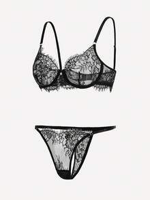 Snug Zone Conjunto de lencería con aros y encaje floral, look de chica mala - Negro - Ver 2