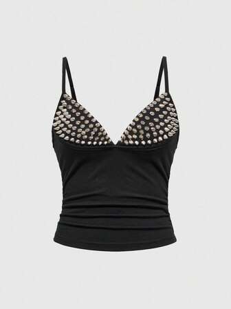 ROMWE Grunge Punk Plus Size Women Sexy Dark PUNK Rivet Patchwork Blouse