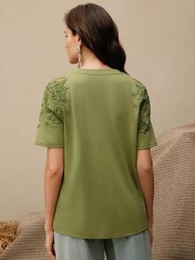 Anewsta Women's Elegant Modern Loose Round Neck T-Shirt Top With Embroidered Applique Design, Summer