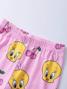 LOONEY TUNES X SHEIN 小女孩可爱樱桃印花长袖上衣和裤子睡衣套装，适合春秋季穿着