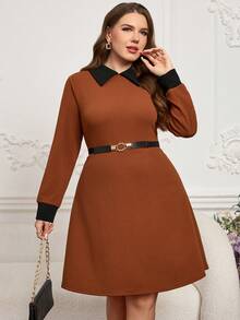 EMERY ROSE Damen Große Größen Farbblock Kragen Taillengegurtetes Lässig Kleid, geeignet für Arbeit, Pendeln und Alltagstragen, Frühling/Herbst - Orange - Übersicht 6