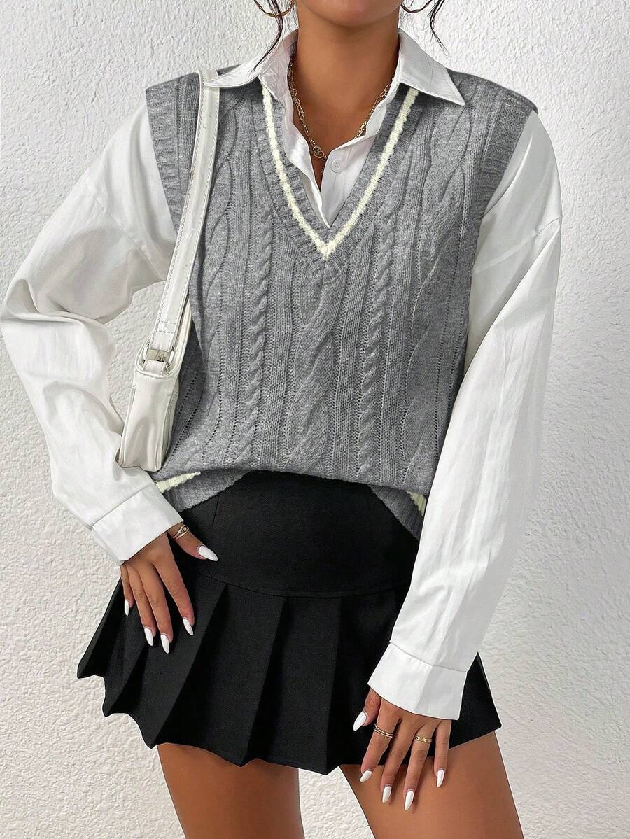 Chiquease 女士休闲撞色滚边针织背心，秋冬季 - 灰色 - 查看 1