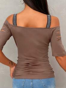 EMERY ROSE Áo ôm sát tay ngắn đính đá lấp lánh, hở vai gợi cảm, áo thun nữ thời trang, màu đen, mùa thu - Màu Khaki - Xem 2