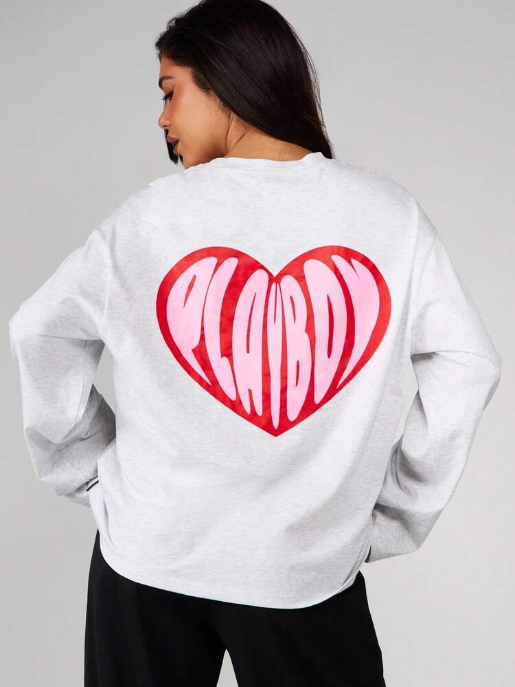 Missguided x Playboy Oversized Heart Print Long Sleeve Sweatshirt With Back Graphic Detail For Fall Winter Casual Wear