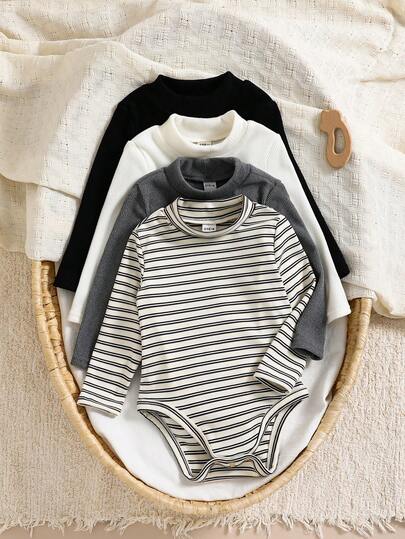 SHEIN 4pcs/Set Newborn Baby Boy/Girl Casual Cute Knitted Striped & Solid Color Long Sleeve Bodysuit 4-Piece Basic Outfit, Unisex Baby Clothes, Baby Winter Clothes